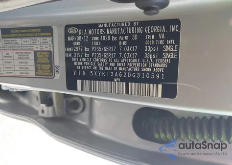 2013 Kia Sorento Lx from USA, damaged, VIN 5XYKT3A62DG310591